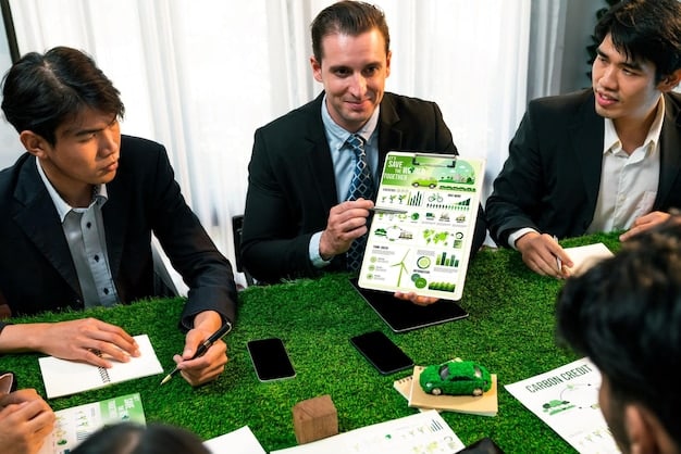 A group of business professionals in a meeting, reviewing charts and graphs related to green energy investments and tax credits. The atmosphere is collaborative and focused.