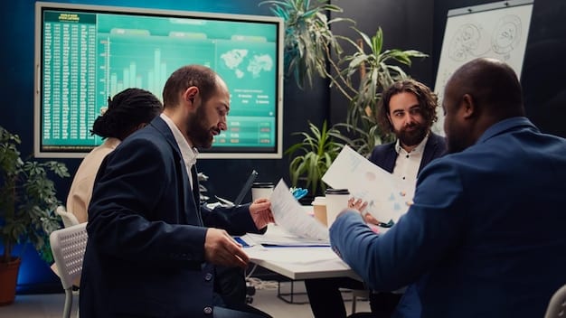 A diverse group of executives in a boardroom discussing ESG compliance strategies, with data visualizations on a large screen showing environmental impact analysis and social responsibility metrics.