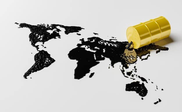 A global supply chain map showing various routes with oil tankers highlighted, representing the vulnerability of the manufacturing sector to oil price hikes due to logistics costs.