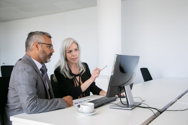 A financial advisor sitting at a desk, explaining Social Security benefits to a couple. The atmosphere is professional and supportive, emphasizing the importance of expert advice.