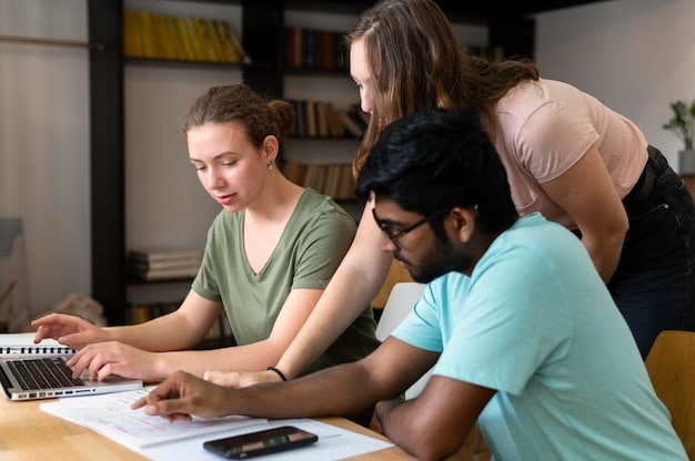Group of students researching financial aid options and scholarships at a university's resource center, with posters about different funding opportunities and college counselors assisting them in the background.