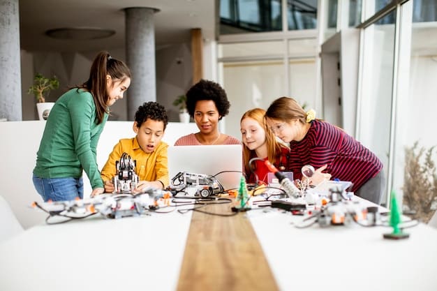 A group of diverse students collaborating on a project involving robotics and AI programming, showcasing their teamwork, problem-solving abilities, and engagement with STEM education.