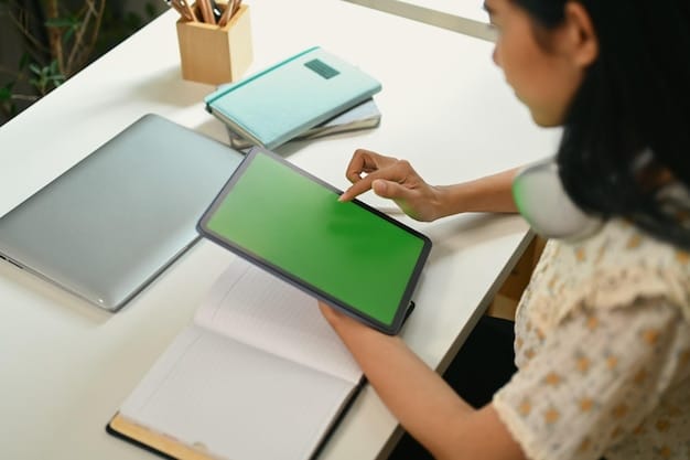 A student using a tablet to access online course materials, with a dashboard displaying personalized learning recommendations and progress tracking.