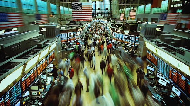 A busy trading floor at the New York Stock Exchange with multiple screens displaying financial data and traders talking on phones. The overall tone is one of urgency and high activity.