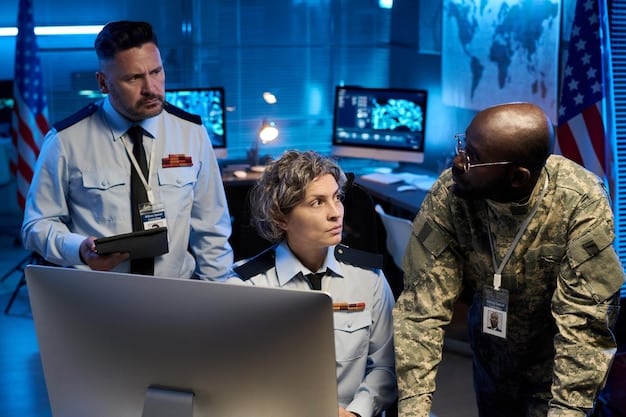 A group of emergency responders coordinating efforts in a command center during a hurricane. The scene depicts organized activity, with responders monitoring weather data and communicating with field teams.