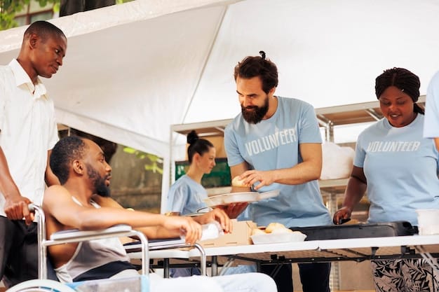 People gathered in an emergency shelter in California, receiving food, water, and medical assistance. The scene depicts the community coming together to support each other in the aftermath of the earthquake.