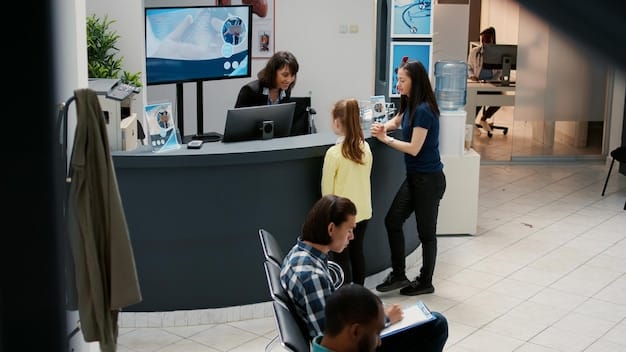 A modern and organized government service office with people waiting in line, digital displays showing queue numbers, and staff assisting citizens at the counters.
