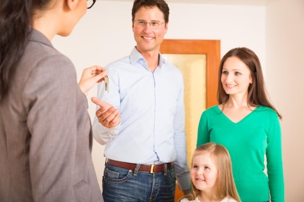 A family happily receiving keys to their new, modest home, with a government official smiling in the background.