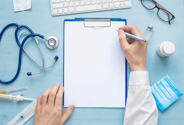 A close-up of a doctor's hand writing on a medical chart, with a stethoscope around their neck. The background is blurred, focusing on the act of documenting a patient's condition.