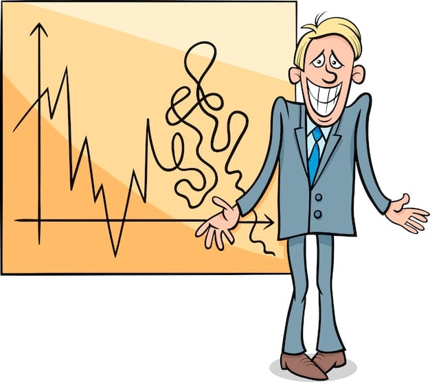 A person looking at a stock market chart with fluctuating lines, with a calm and determined expression. This depicts navigating market volatility.