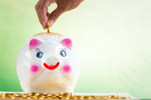 A person placing coins into a piggy bank with the year 2025 clearly visible on the side. The background should be blurred, focusing on the act of saving and the target year, symbolizing financial planning for the future.