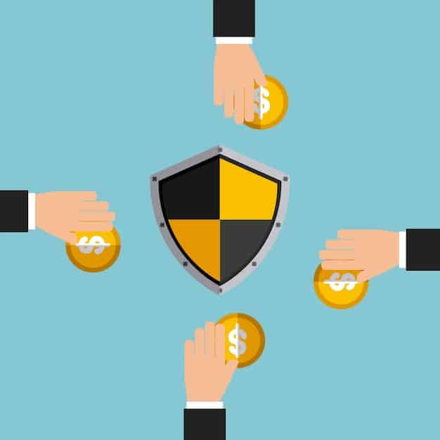 A hand holding a shield protecting coins from arrows representing inflation, symbolizing financial security.