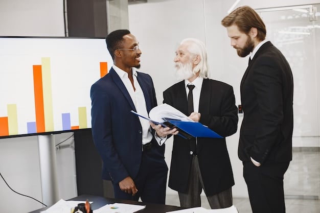 A diverse group of investors examining financial charts and graphs, discussing investment strategies.