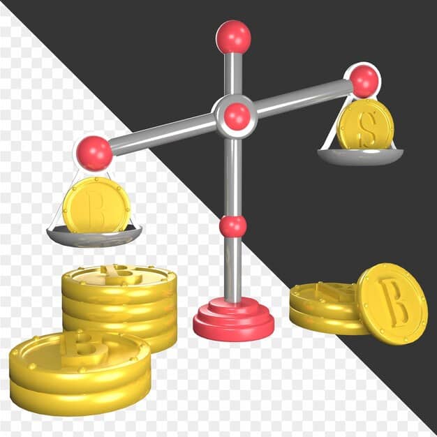 Digital illustration of a balanced scale between inflation represented by coins and economic growth represented by rising bars on a graph.