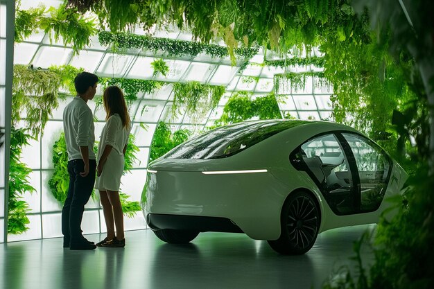 A showcase of electric vehicles at an auto show, emphasizing the program's focus on sustainable and eco-friendly transportation.