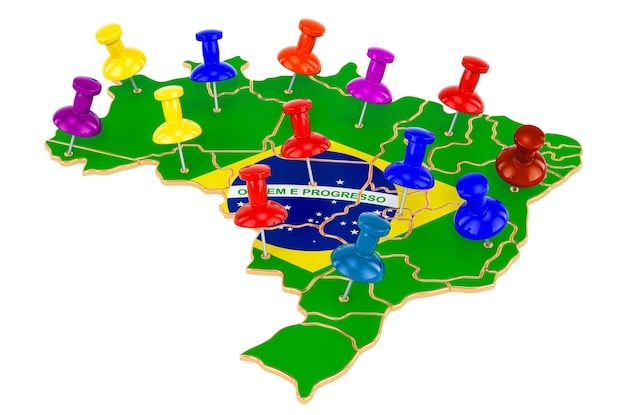 A map of Brazil highlighting different regions with data points indicating job creation numbers in each region. The map is designed in a professional and informative style.