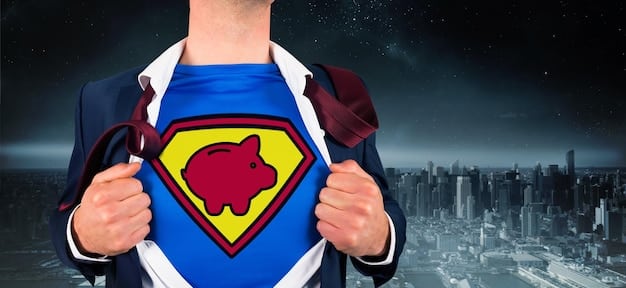 A piggy bank wearing a superhero cape, standing on top of a stack of coins. In the background, there's a city skyline with financial buildings.