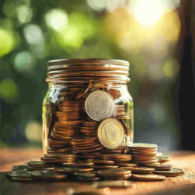 A hand placing coins into a glass jar labeled 