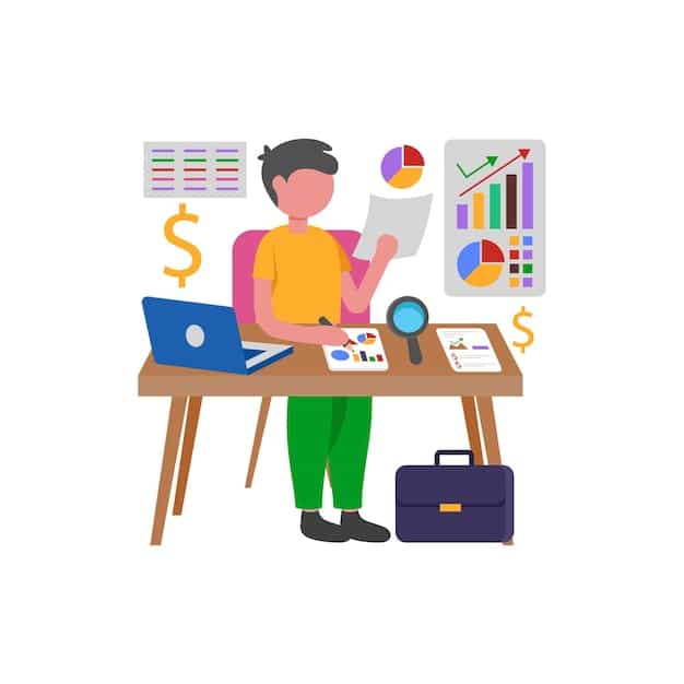 A person is sitting at a desk, reviewing financial documents with charts and graphs, highlighting key data while using a calculator. The scene depicts careful planning and analysis of finances.