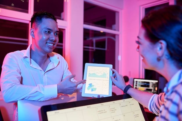 A diverse team collaboratively examining a large tablet displaying dynamic financial charts and graphs in a brightly lit, modern office environment, indicating teamwork and data analysis.