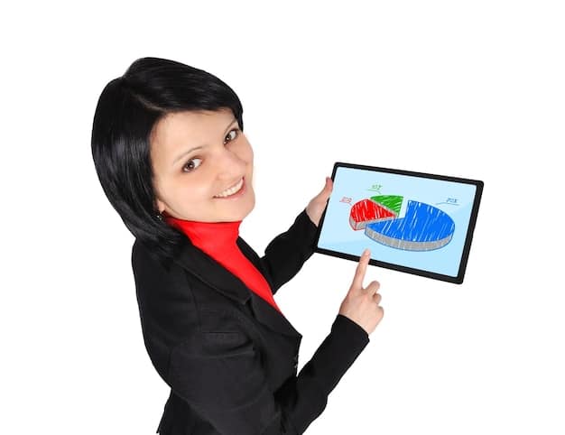 A smiling woman is confidently pointing at a graph on a tablet, showing growth and profits. She is standing in a modern and well-lit office, wearing professional attire. The image conveys success, achievement, and empowerment through smart financial decisions.