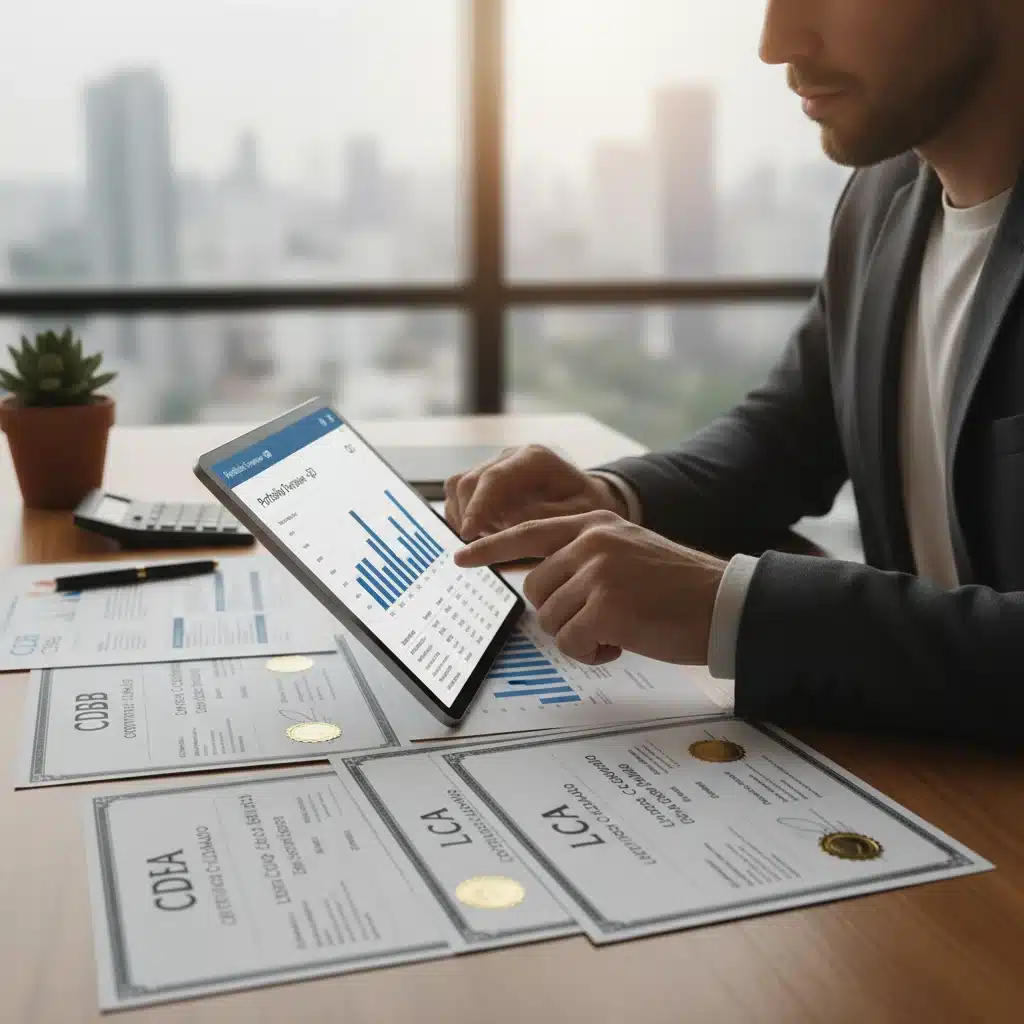 Pessoa analisando extrato financeiro em tablet com certificados de renda fixa, representando segurança em investimentos.