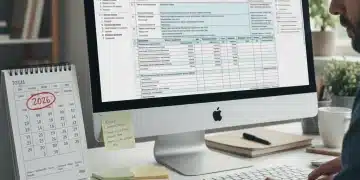 Pessoa analisando novas regras do Imposto de Renda 2026 em computador, com calculadora e documentos fiscais.