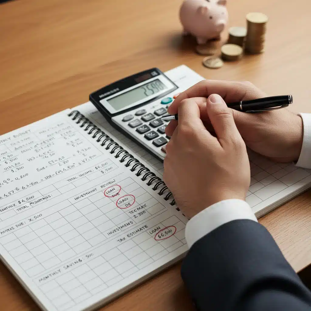 Mãos calculando orçamento e planejando metas financeiras para reserva de emergência.