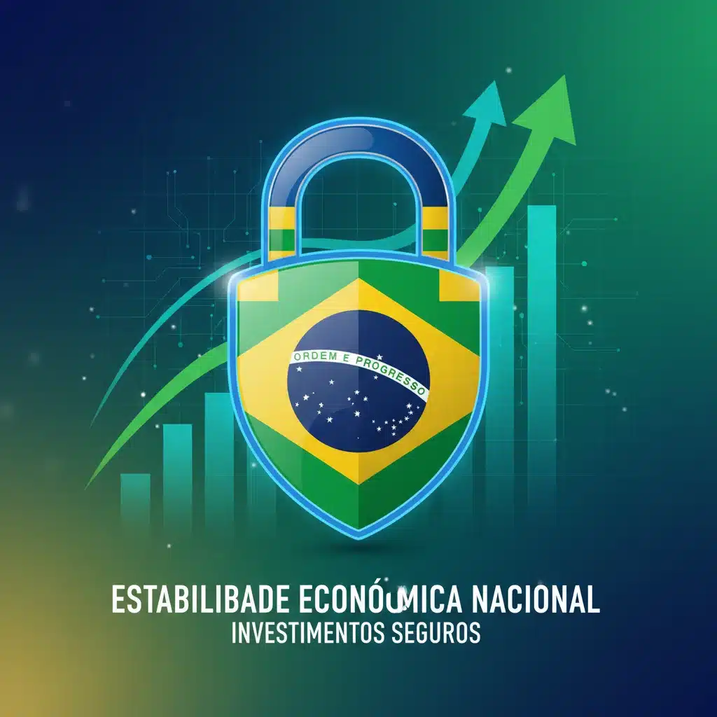 Bandeira do Brasil com cadeado digital e gráficos financeiros, simbolizando estabilidade econômica e segurança de investimentos.