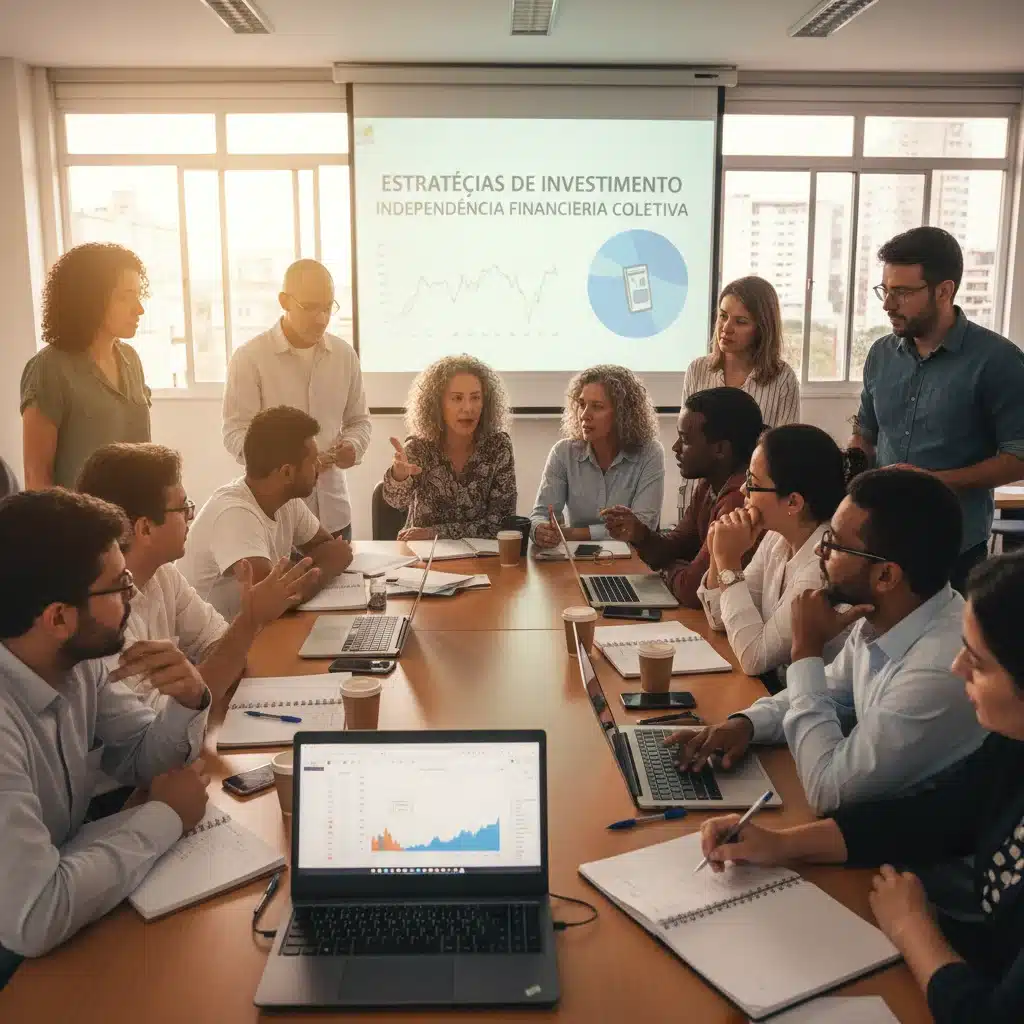 Grupo de brasileiros discutindo estratégias de investimento para construir reserva de emergência.