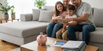 Família brasileira feliz planejando finanças para 2026, com reserva de emergência em mente.
