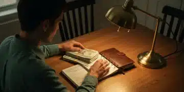 Pessoa focada organizando documentos financeiros e um planner em uma mesa de madeira rústica, sob a luz dramática de um abajur de latão, simbolizando educação financeira e controle de orçamento.