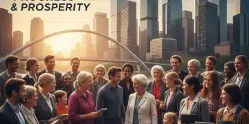 Pessoas diversas interagindo sob um céu azul, simbolizando inclusão social e esperança para o futuro dos programas sociais no Brasil.