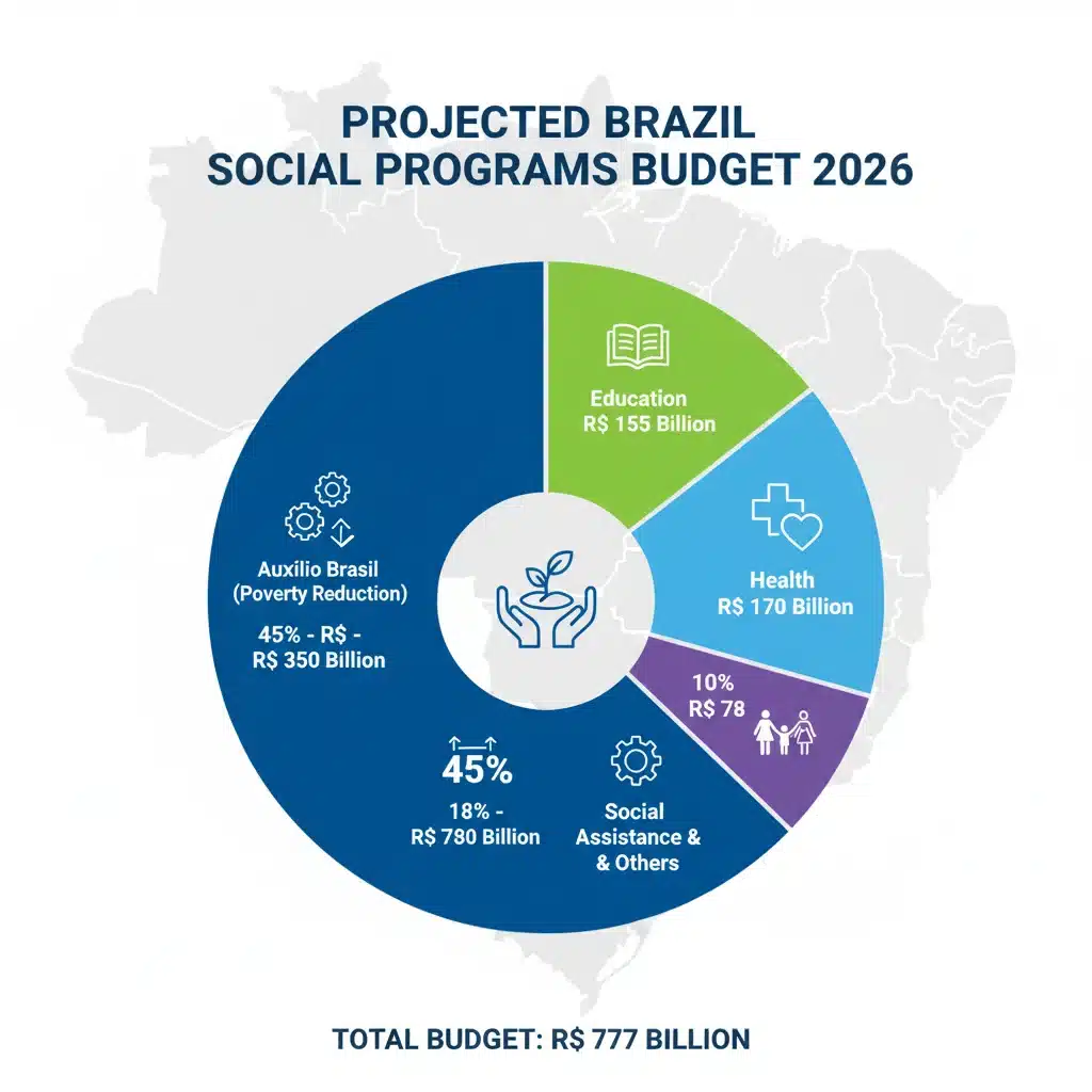 Gráfico de barras e pizza detalhando o orçamento projetado para programas sociais no Brasil em 2026, com destaque para o Auxílio Brasil e suas alocações.