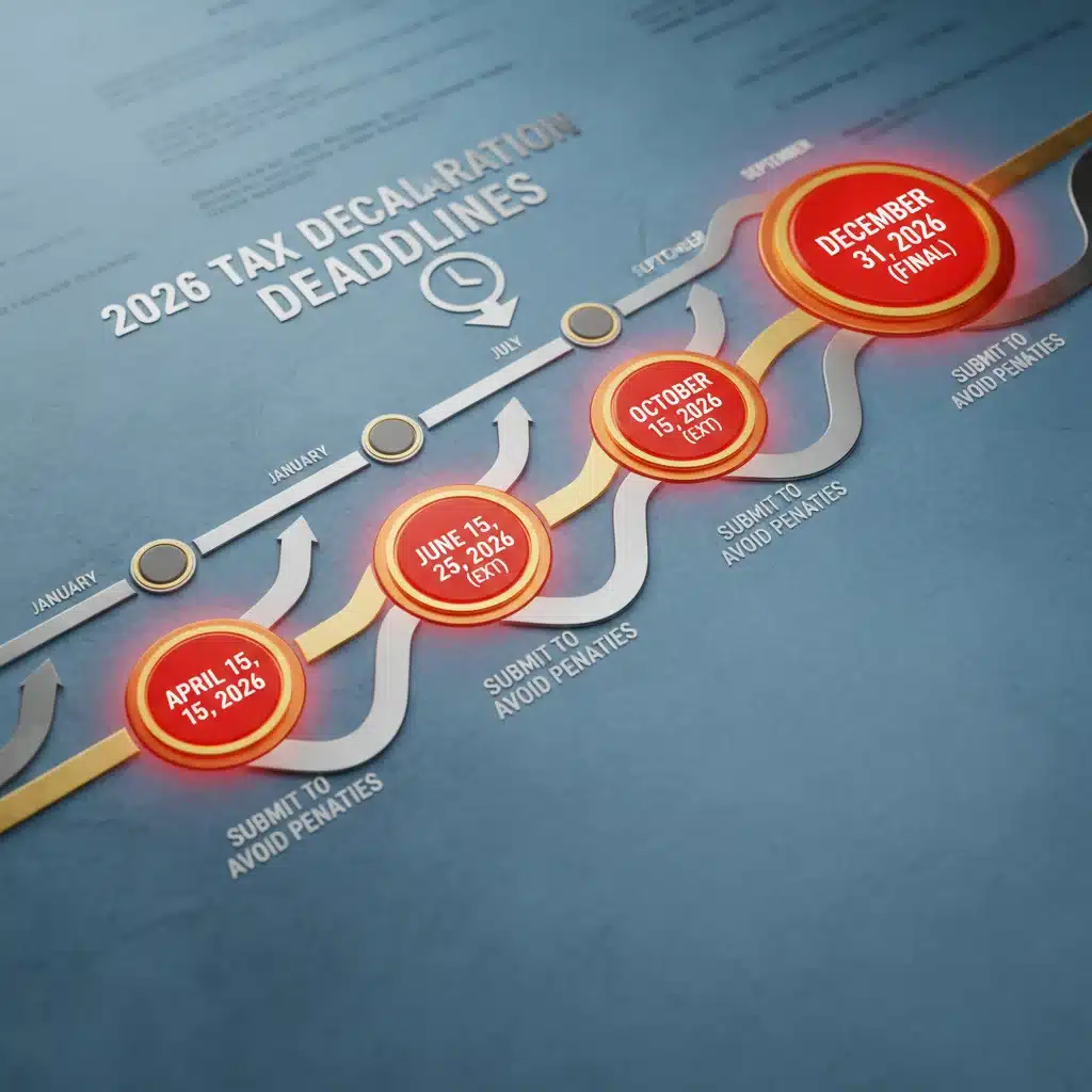 Calendário com prazos importantes para a declaração do Imposto de Renda 2026, destacando datas limite.