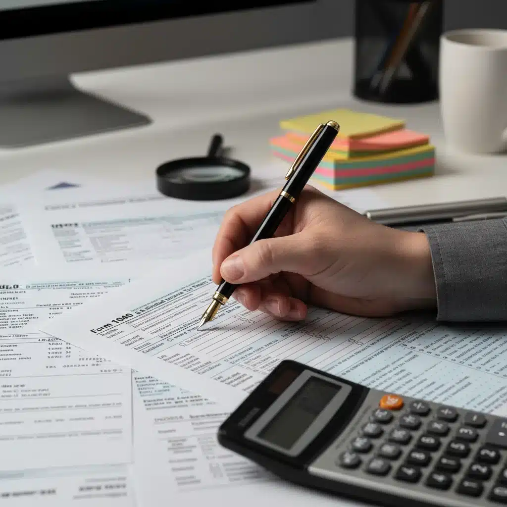 Mão preenchendo formulário de declaração de Imposto de Renda 2026, com documentos e calculadora.