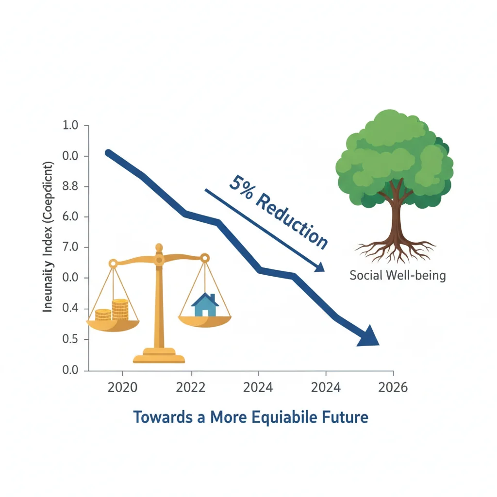 Gráfico ilustrando a redução da desigualdade de renda (coeficiente de Gini) em 5% até 2026, com setas apontando para um futuro mais equitativo.