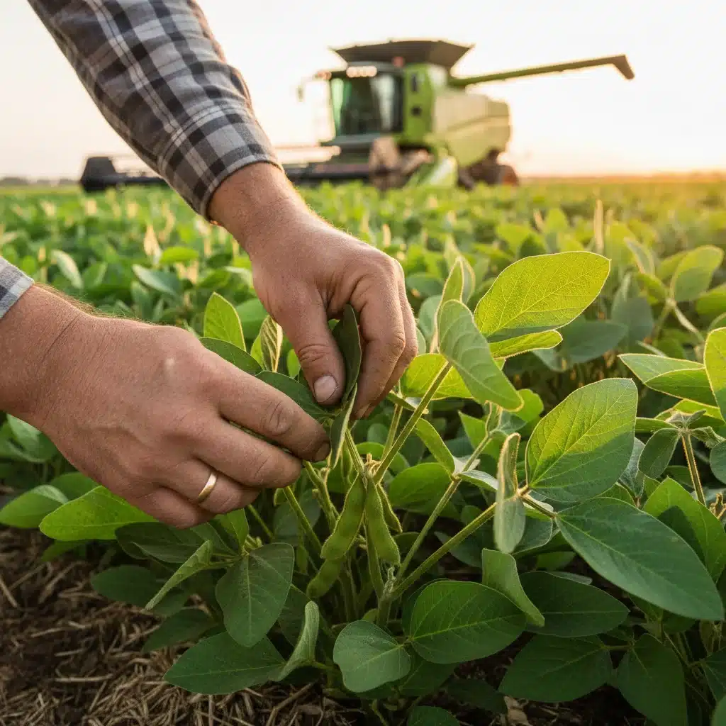 Mãos de um agricultor examinando plantas de soja saudáveis, representando o cuidado e a produtividade no campo.