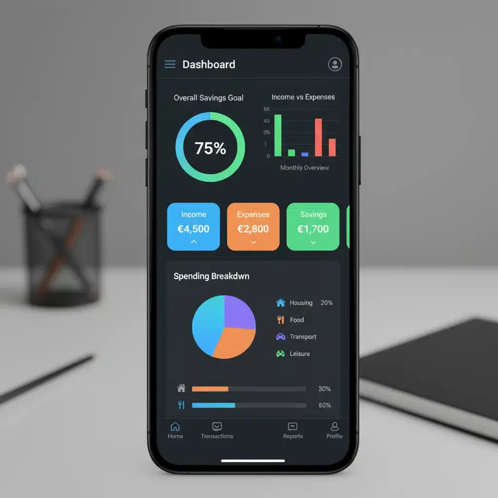 Interface de aplicativo de orçamento doméstico com gráficos de gastos e metas.