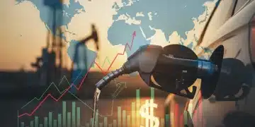 Bomba de combustível abastecendo carro, com gráficos econômicos e mapa-múndi ao fundo, simbolizando a complexidade dos preços dos combustíveis no Brasil em 2026.