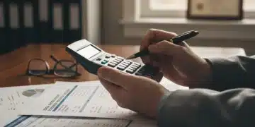 Mãos de uma pessoa calculando valores de aposentadoria com documentos do INSS e um computador ao fundo, simbolizando a Revisão da Vida Toda.