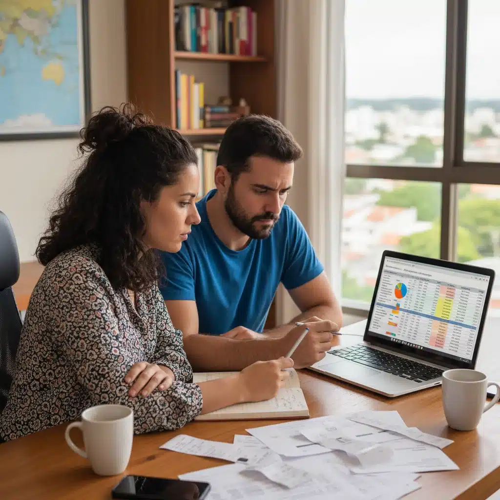 Casal brasileiro analisando planilha de orçamento e dívidas
