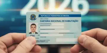 Carteira Nacional de Habilitação (CNH) em foco, simbolizando o processo de obtenção ou renovação para o ano de 2026, com documentos e custos associados.