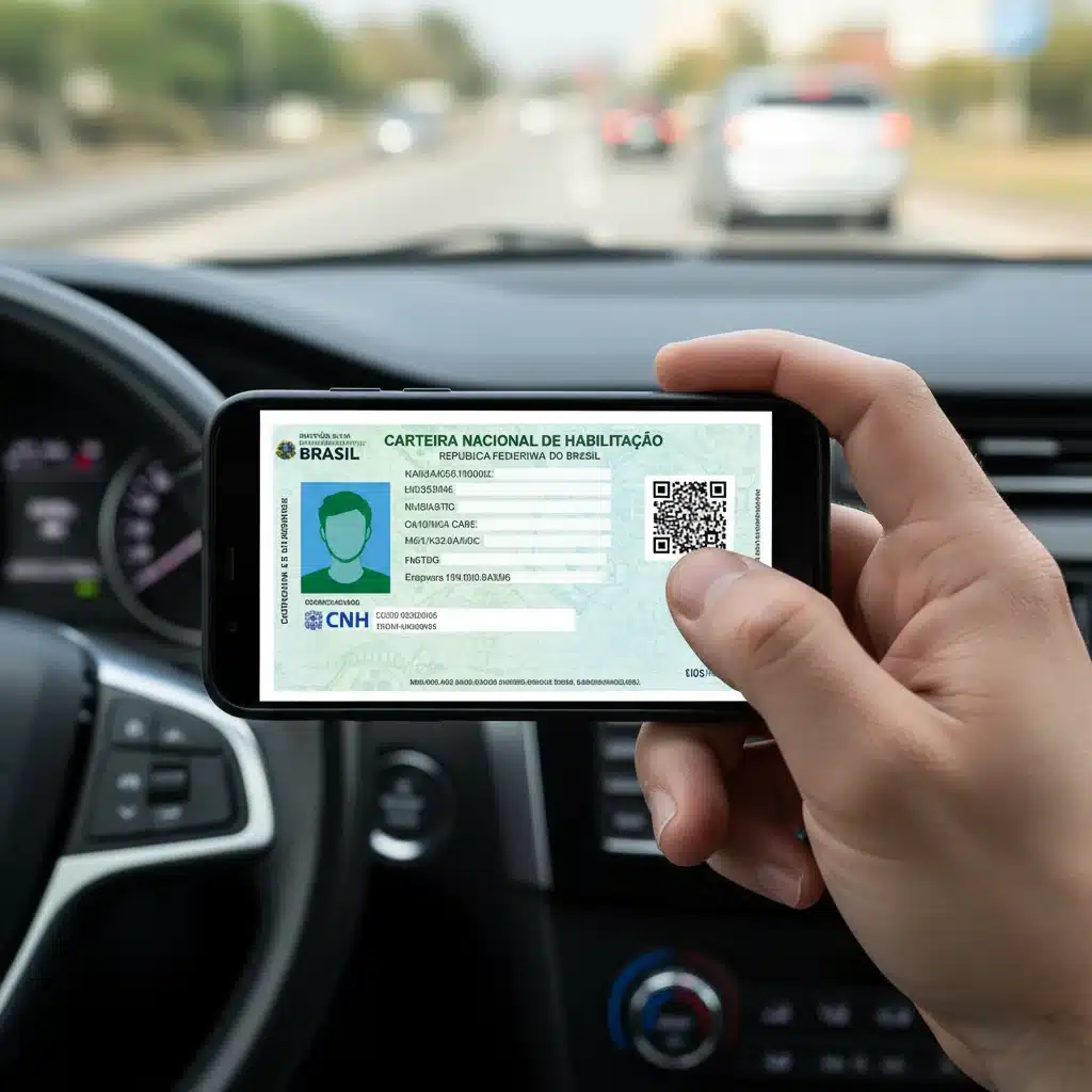 Carteira Digital de Trânsito (CDT) em um smartphone, mostrando a praticidade da CNH digital para os condutores brasileiros.