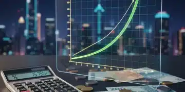 Gráfico de crescimento exponencial com moedas e notas brasileiras, simbolizando o poder dos juros compostos e o objetivo de duplicar capital.
