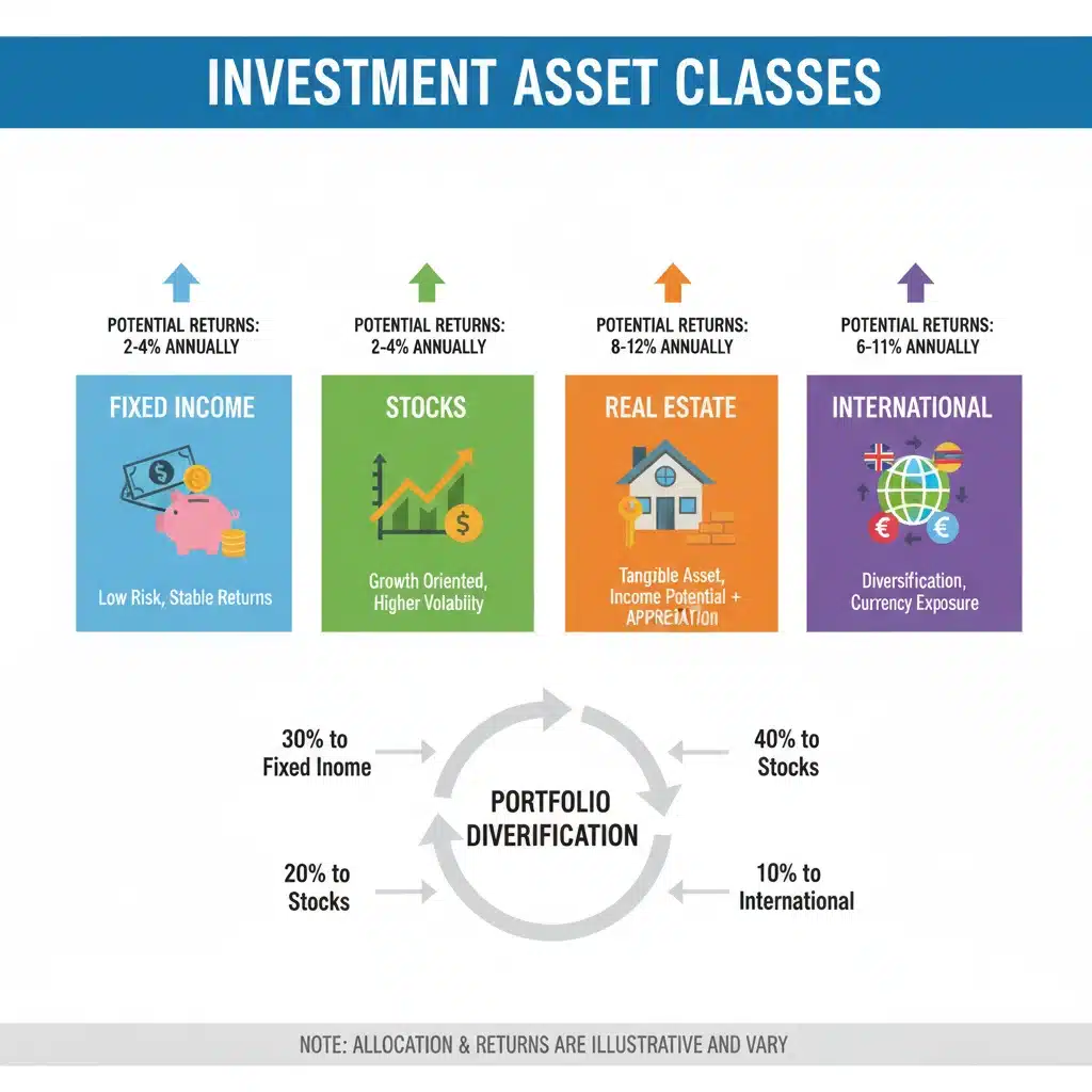 Infográfico de diversificação de ativos em uma carteira de investimentos, mostrando diferentes classes e suas proporções.