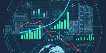 Gráficos e indicadores econômicos globais com representações do Federal Reserve e do BCE, simbolizando a interconexão financeira mundial.