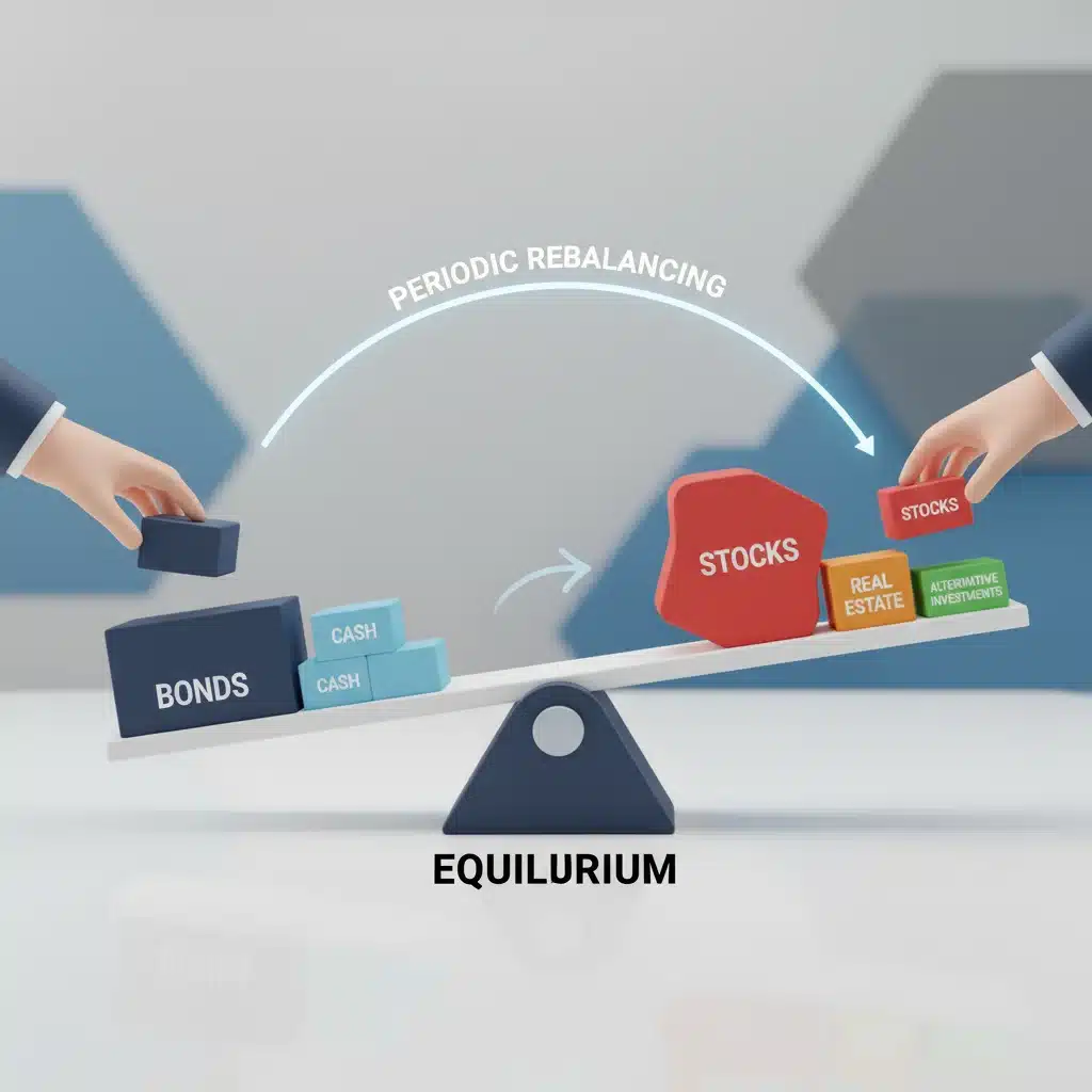 Balança com diferentes ativos de investimento, ilustrando o equilíbrio e a necessidade de rebalanceamento da carteira.