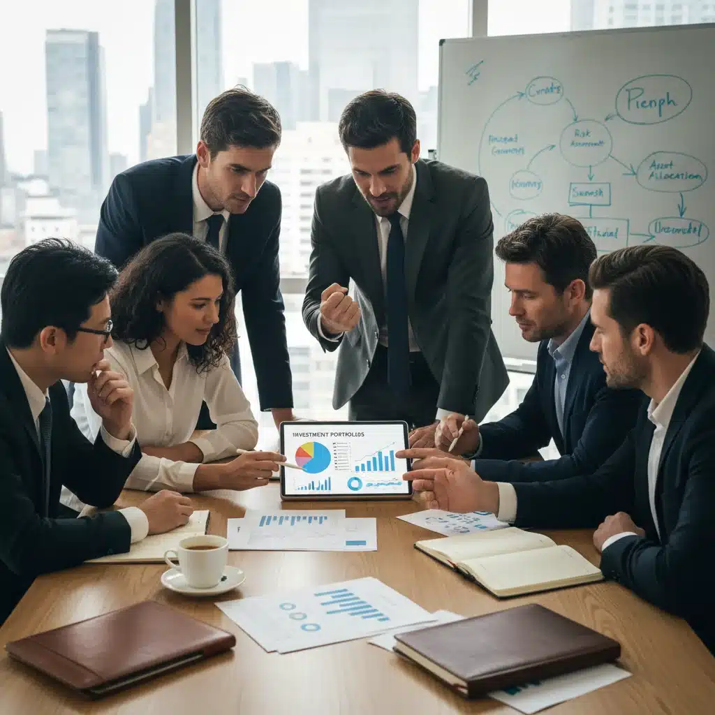 Investidores diversos em mesa, analisando portfólios e avaliações de risco, simbolizando estratégias de mitigação.
