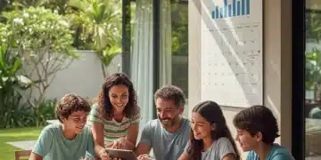 Família brasileira feliz organizando orçamento doméstico digitalmente em 2026.